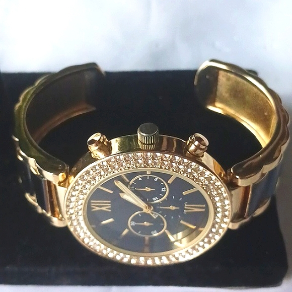 ACCUTIME Bling Cuff Watch Black & Gold With Rhinestones - Picture 3 of 8